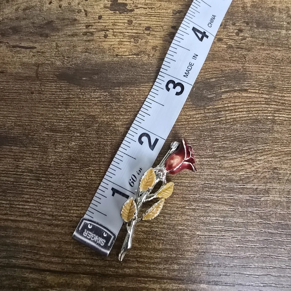 Red Rose Brooch with Gold Leaves